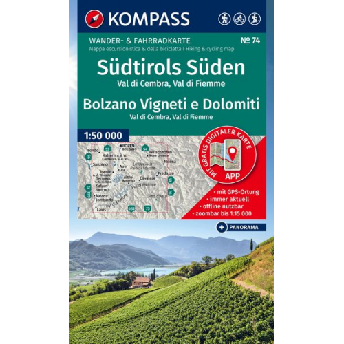 KOMPASS Wanderkarte 74 Südtirols Süden / Bolzano Vigneti e Dolomiti, Val di Cembra, Val di Fiemme 1:50.000