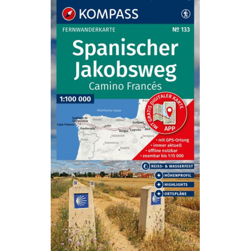 KOMPASS Wanderkarte 133 Spanischer Jakobsweg, Camino Francés 1:100.000