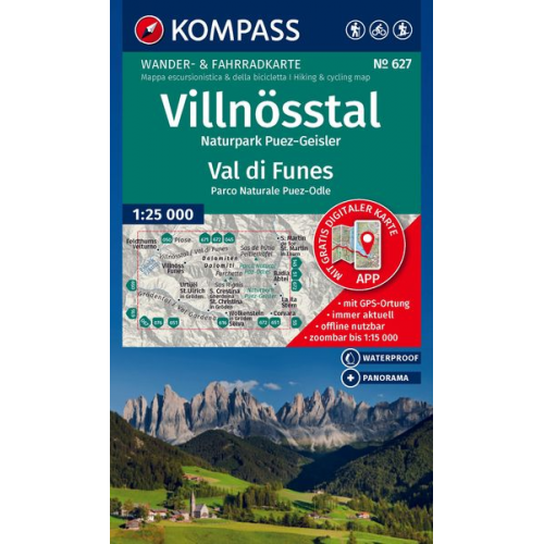 KOMPASS Wanderkarte 627 Villnösstal / Val di Funes, Naturpark Puez-Geisler / Parco Naturale Puez-Odle 1:25.000