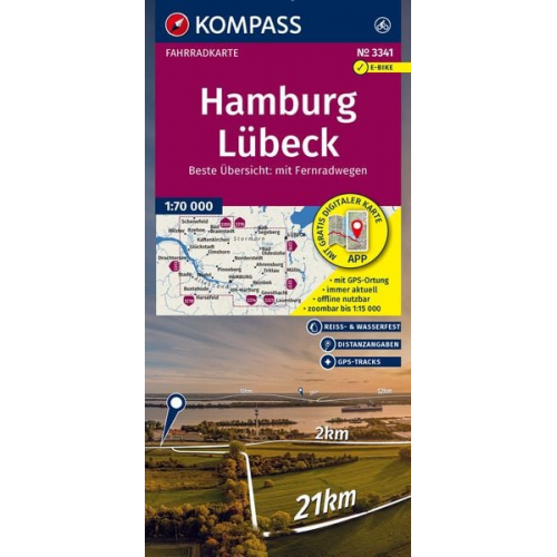 KOMPASS Fahrradkarte 3341 Hamburg, Lübeck 1:70.000