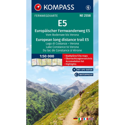 KOMPASS Wander-Tourenkarte Europäischer Fernwanderweg E5 Alpenüberquerung vom Bodensee bis Verona 1:50.000