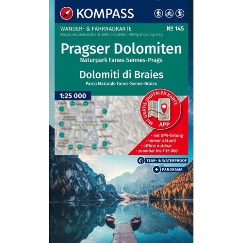 KOMPASS Wanderkarte 145 Pragser Dolomiten, Naturpark Fanes-Sennes-Prags / Dolomiti di Braies, Parco Naturale Fanes-Senes-Braies 1:25.000