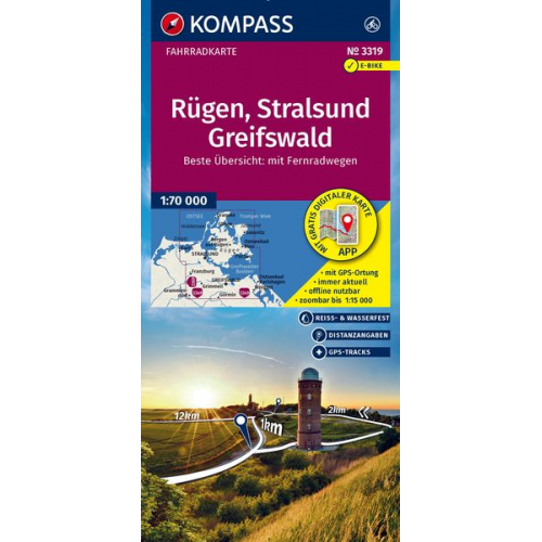 KOMPASS Fahrradkarte 3319 Rügen, Stralsund, Greifswald 1:70.000