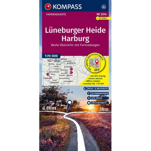 KOMPASS Fahrradkarte 3314 Lüneburger Heide, Harburg mit Knotenpunkten 1:70.000