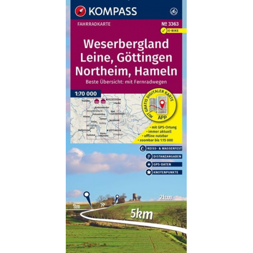 KOMPASS Fahrradkarte 3363 Weserbergland, Leine, Göttingen, Northeim, Hameln mit Knotenpunkten 1:70.000