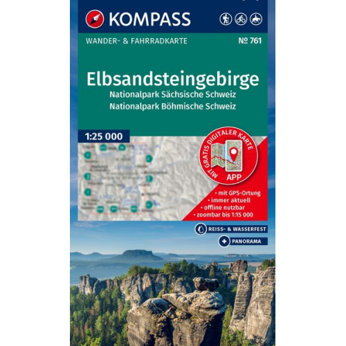 KOMPASS Wanderkarte 761 Elbsandsteingebirge, Nationalpark Sächsische Schweiz, Nationalpark Böhmische Schweiz 1:25.000