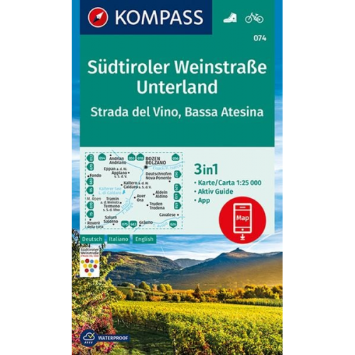 KOMPASS Wanderkarte 074 Südtiroler Weinstraße, Unterland, Strada del Vino, Bassa Atesina 1:25.000