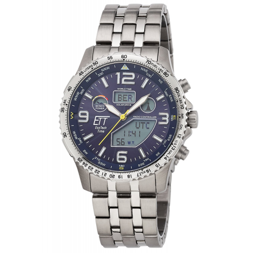 ETT Eco Tech Time EGT-11575-31M Funk-Solar Herrenuhr Professional Worldtimer Titan/Blau