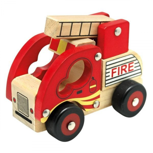 Bino 84080 - Fire Truck, Feuerwehrauto mit ausklappbaren Leiter, Holzauto, Länge: 17cm