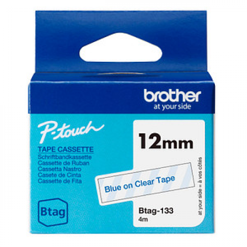 brother Schriftband Btag BTAG133, 12 mm blau auf transparent