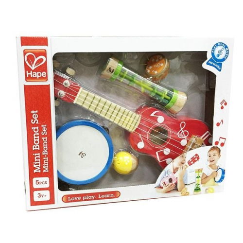 Hape E0339 - Mini-Band Set, Ukulele, Tamburin, Kastagnette, Rassel und Regenmacher, Musikinstrumente