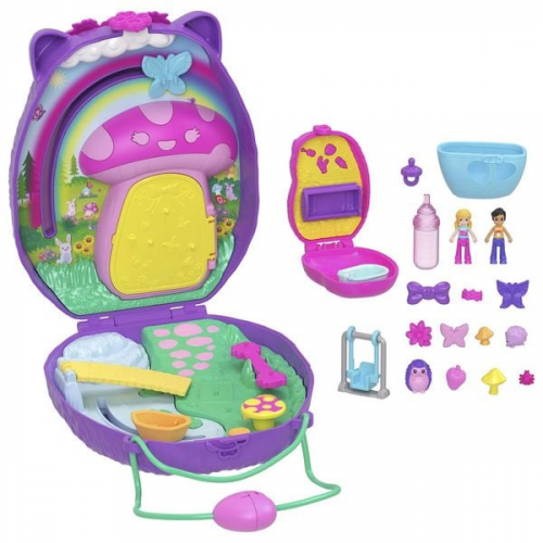 Polly Pocket Mama & Baby Igel Handtaschen-Spielset mit 2 Puppen & 16 Accessoir