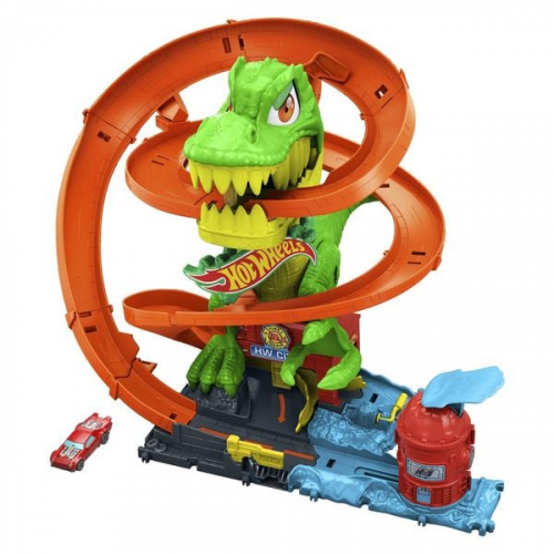 Hot Wheels City T-Rex-Feuerschlacht Spielset und Die-Cast-Spielzeugauto im Maß