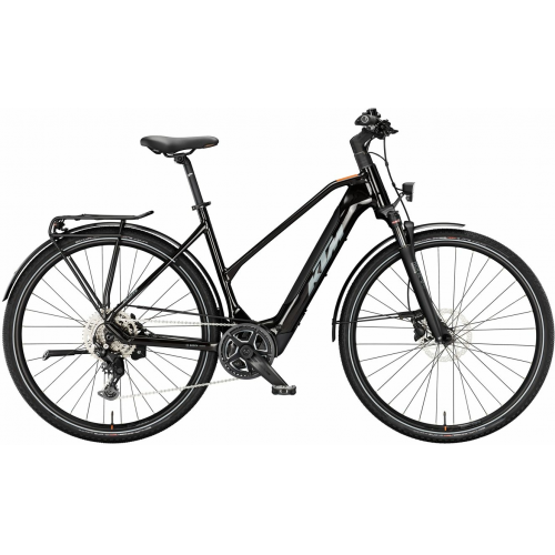 KTM MACINA SPORT SX 20 (400 Wh), 9 Gang Kettenschaltung, Damenfahrrad, Trapez, Modell 2024, 28 Zoll 51 cm flaming black (grey+orange)