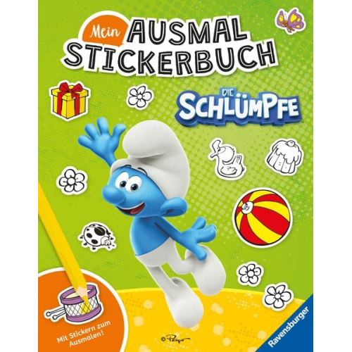 Ravensburger Mein Ausmalstickerbuch Die Schlümpfe – Großes Buch mit über 250 Stickern, viele Sticker zum Ausmalen