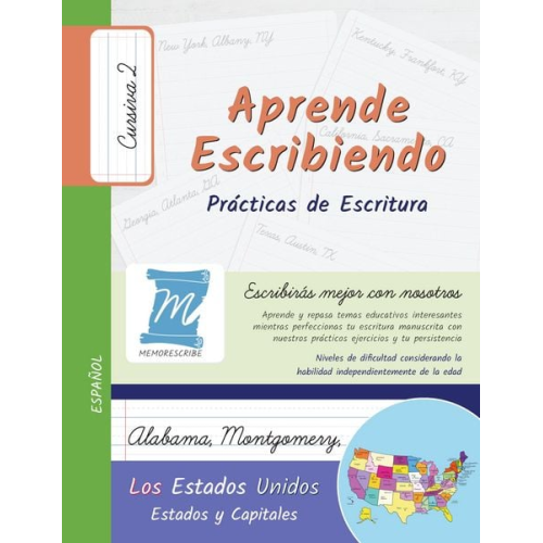 Aprende Escribiendo, Práctica de Caligrafía y Escritura Manuscrita - Estados y Capitales de los Estados Unidos - Letra Cursiva, Nivel 2