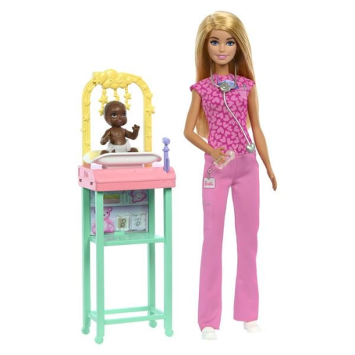 Barbie Kinderärztin-Puppe mit blonder Modepuppe, 1 Baby-Patientenpuppe, Möbel