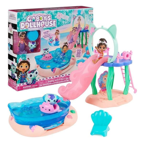 Gabby’s Dollhouse, Purrific Pool Party Spielset mit Gabby- und Meerkätzchen-Figur mit Meerjungfrauenflosse mit Farbwechseleffekt