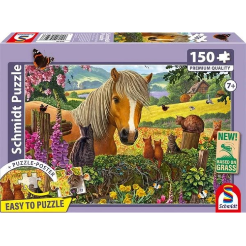 Schmidt 56526 - Süßer Besuch auf der Pferdekoppel, Pferde-Puzzle inkl. Poster, 150 Teile aus NATPAX® Graspappe