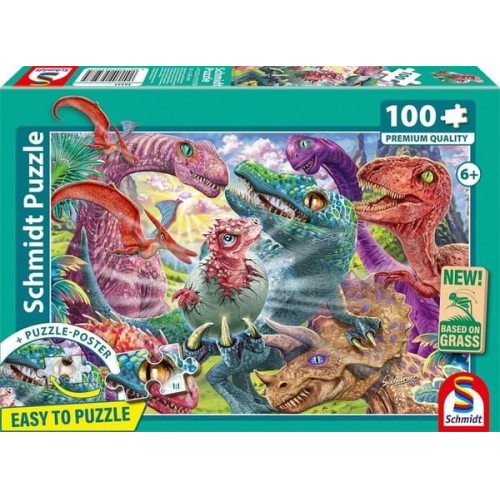 Schmidt 56527 - Kleine Dinos, große Abenteuer, Dinosaurier-Puzzle mit Poster, 100 Teile aus NATPAX® Graspappe