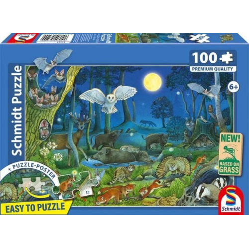 Schmidt 56529 - Tiere nachts im Wald, Kinderpuzzle mit Poster, 100 Teile aus NATPAX® Graspappe