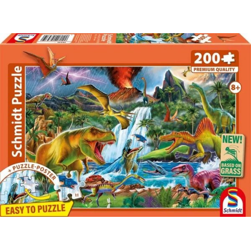 Schmidt 56535 - Faszinierende Urzeitriesen, Dinosaurier-Puzzle mit Poster, 200 Teile aus NATPAX® Graspappe