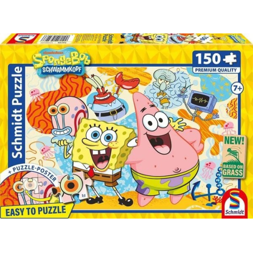 Schmidt 56546 - SpongeBob Schwammkopf, Spongebob und Freunde, Puzzle mit Poster, 150 Teile aus NATPAX® Graspappe