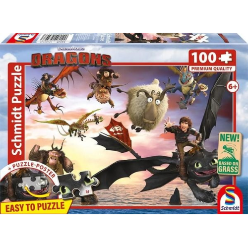 Schmidt 56547 - DRAGONS, Drachenreiter in Aktion, Puzzle mit Poster, 100 Teile aus NATPAX® Graspappe