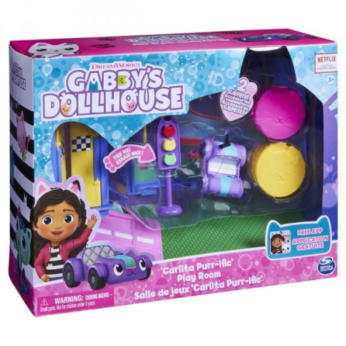 Gabby‘s Dollhouse Deluxe Raum, Purr-ific Play Room, Spielzimmer mit Carlita Spielzeugauto, Möbelstücken und thematischem Zubehör