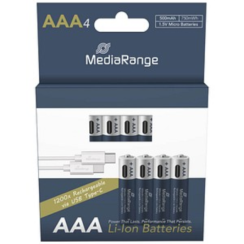 4 MediaRange USB-Akkus mit Ladekabel Mignon AAA 500 mAh