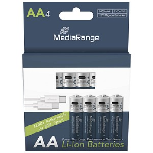 4 MediaRange USB-Akkus mit Ladekabel Mignon AA 1400 mAh