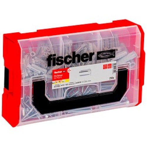 fischer FixTainer - SX Plus S Dübel- und Schrauben-Sortiment Ø 4,5/5/6/8/10 mm x 30/40/50/55/70 mm, 210 Stück