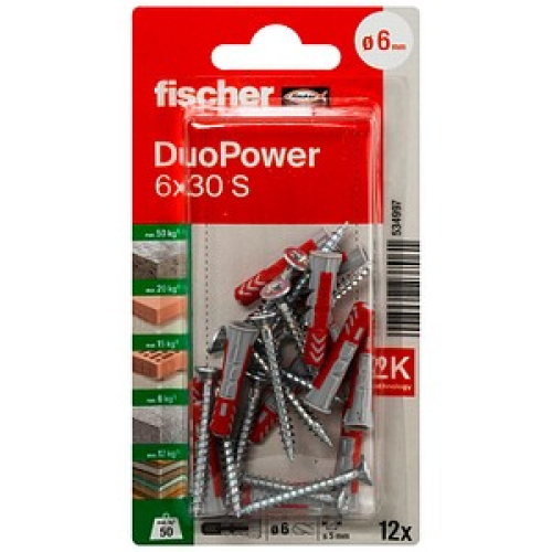 fischer DuoPower 6x30 S 2K Dübel mit Schrauben Ø 6 mm x 30 mm, 12 Stück