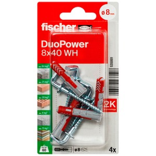 fischer DuoPower 8x40 WH 2K Dübel mit Schrauben Ø 8 mm x 40 mm, 4 Stück