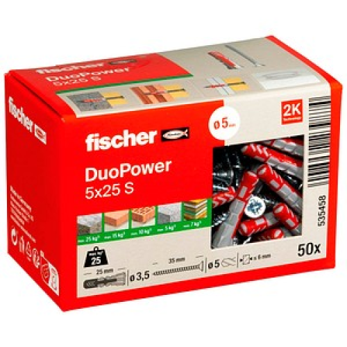 fischer DuoPower 5x25 S 2K Dübel mit Schrauben Ø 5 mm x 25 mm, 50 Stück