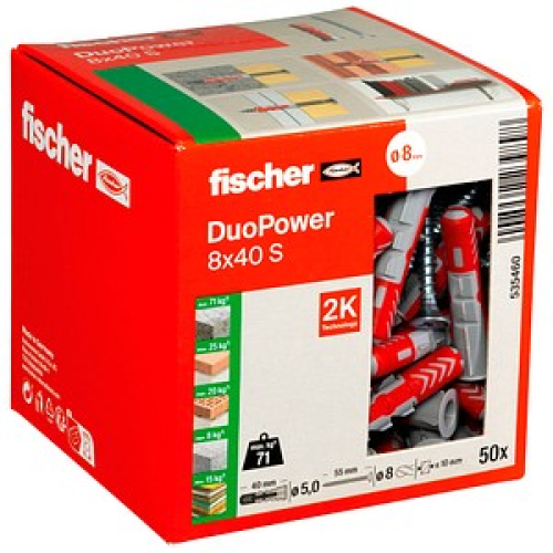 fischer DuoPower 8x40 S 2K Dübel mit Schrauben Ø 8 mm x 40 mm, 50 Stück