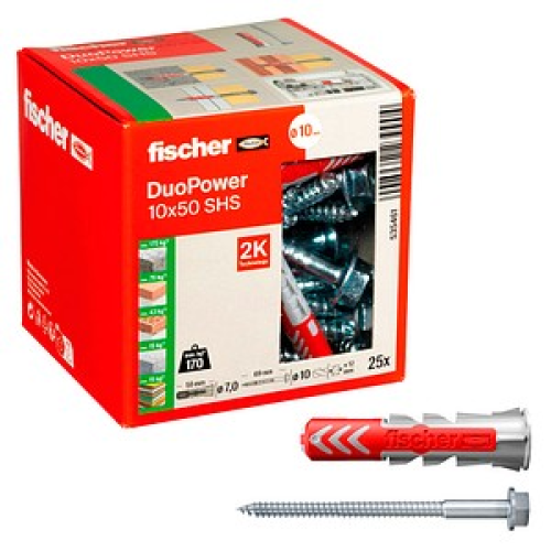 fischer DuoPower 10x50 S 2K Dübel mit Schrauben Ø 10 mm x 50 mm, 25 Stück