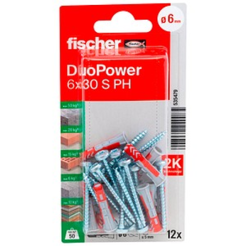 fischer DuoPower 6x30 S PH K  2K Dübel mit Schrauben Ø 6 mm x 30 mm, 12 Stück