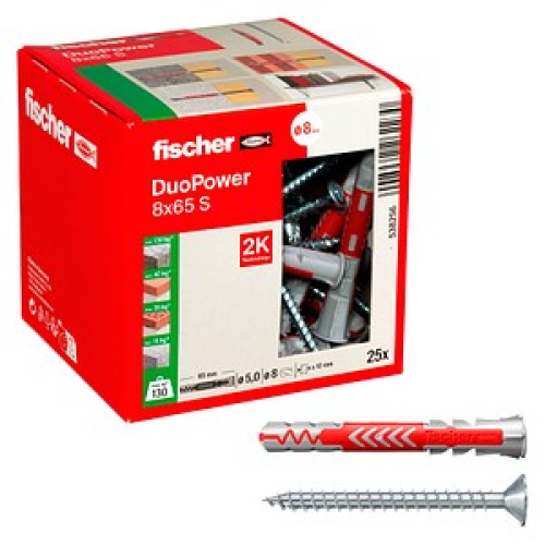 fischer DuoPower 8x65 S 2K Dübel mit Schrauben Ø 8 mm x 65 mm, 25 Stück