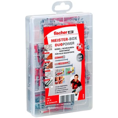 fischer Meister-Box-DuoPower kurz/lang + S 2K Dübel- und Schrauben-Sortiment Ø 4,5/5/6/8  mm 30/40/50/55/60/65/80 mm, 150 Stück