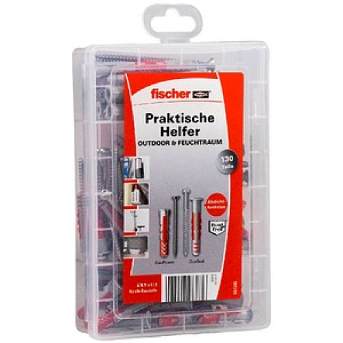 fischer Praktische Helfer - Outdoor/Feuchtraum Dübel- und Schrauben-Sortiment Ø 4,5/5/6/8  mm x 30/38/40/55/65 mm, 130 Stück