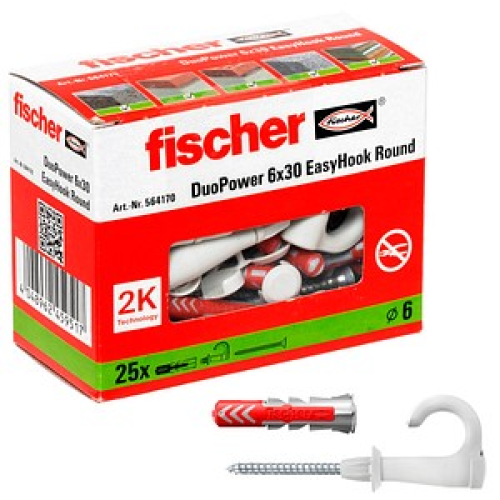 fischer EasyHook Round - DuoPower 6x30 2K Dübel mit Schrauben Ø 4/6 mm 30/70 mm, 25 Stück