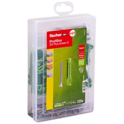 fischer ProfiBox - SX Plus Green S Dübel- und Schrauben-Sortiment Ø 4,5/5/6/8 mm x 30/40/55 mm, 120 Stück