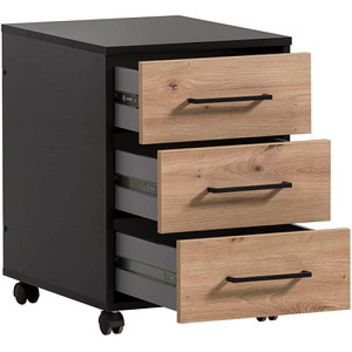 MÖBELPARTNER Aino Rollcontainer schwarz, artisan-eiche 3 Auszüge 40,1 x 50,0 x 57,0 cm