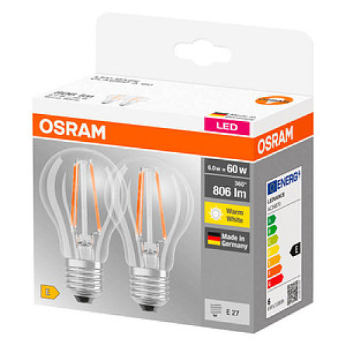 2 OSRAM LED-Lampen Base CLASSIC A60 Multipack E27 6 W klar