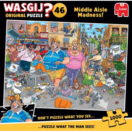 Jumbo 1110100505 - Wasgij Original 46, Middle Aisle Madness!, Parkplatz-Wahnsinn, Comic-Puzzle, 1000 Teile