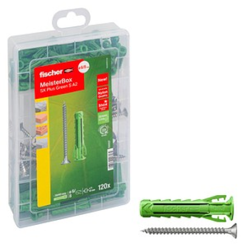 fischer Meister-Box - SX Plus Green S A2 531227 Dübel- und Schrauben-Sortiment Ø 4,5/5/6/8 mm 30/40/55 mm, 120 Stück