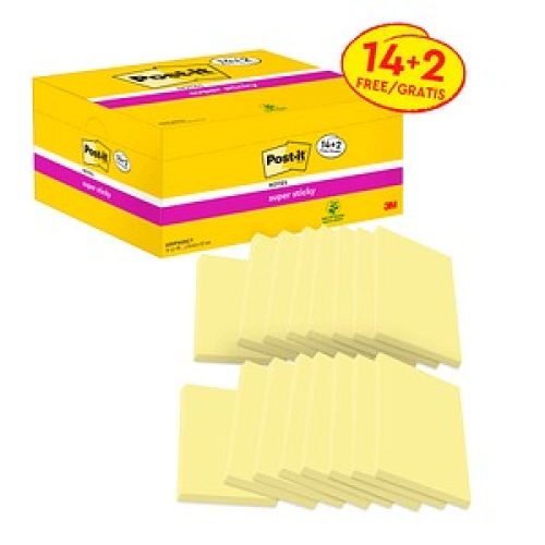 14 + 2 GRATIS: Post-it® Super Sticky Notes Haftnotizen extrastark gelb, 14 Blöcke + GRATIS 2 Blöcke