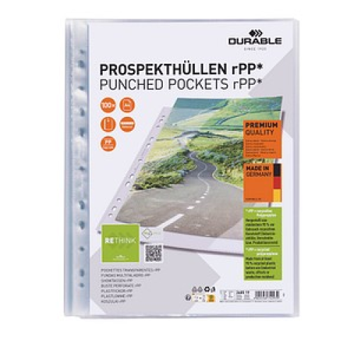 100 DURABLE Prospekthüllen PREMIUM DIN A4 transparent genarbt 0,08 mm