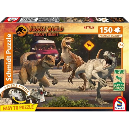Schmidt 56562 - Jurassic World, Chaos Theory, Angriff der Velociraptoren, Puzzle mit Poster, 150 Teile aus NATPAX® Graspappe
